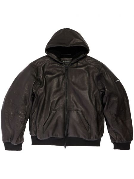 Kožna jakna s patentnim zatvaračem s kapuljačom Balenciaga crna