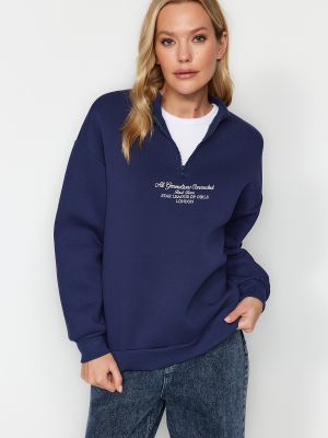 Megztas fliso džemperis su užtrauktuku su stovinčia apykakle Trendyol mėlyna