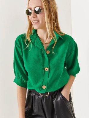 Lanena srajca z gumbi s črtami Olalook zelena