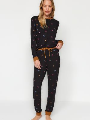 Pijamale cu model floral tricotate Trendyol negru