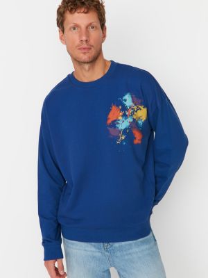 Oversize džemperis bez kapuces ar apdruku Trendyol zils