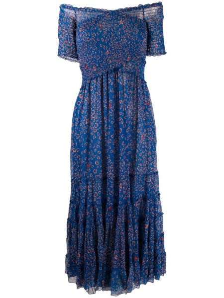 Платье в цветочный принт с открытыми плечами Poupette St Barth, синее