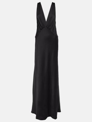 V-nyakú szatén midi ruha Saint Laurent fekete