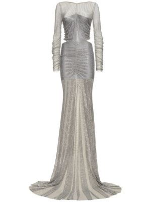 Dlouhé šaty s výšivkou se síťovinou Giuseppe Di Morabito stříbrné