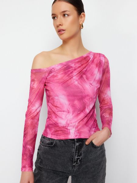 Асиметрична плетена блуза от тюл Trendyol розово