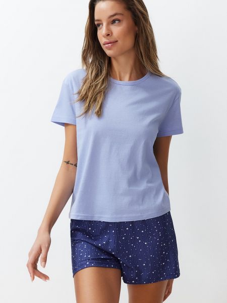 Hviezdne pletené bavlnené pyžamo Trendyol modrá
