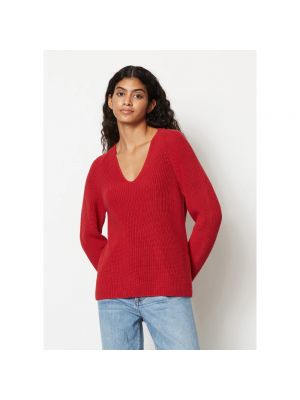 Dzianinowy sweter z dekoltem w serek Marc O'polo czerwony