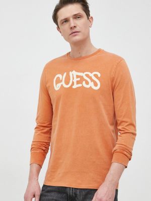 Памучна тениска с дълъг ръкав с принт с дълъг ръкав Guess оранжево