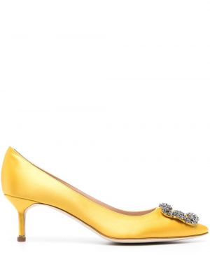 Pantofi cu toc cu cataramă de cristal Manolo Blahnik galben