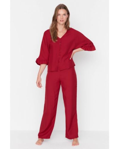 Fonott fodros viszkóz pizsama Trendyol piros