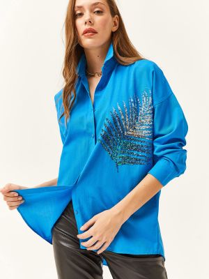 Pletena košulja sa šljokicama oversized Olalook plava