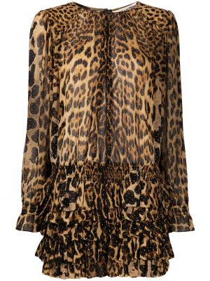 Vestido de cóctel con estampado leopardo con volantes Saint Laurent marrón