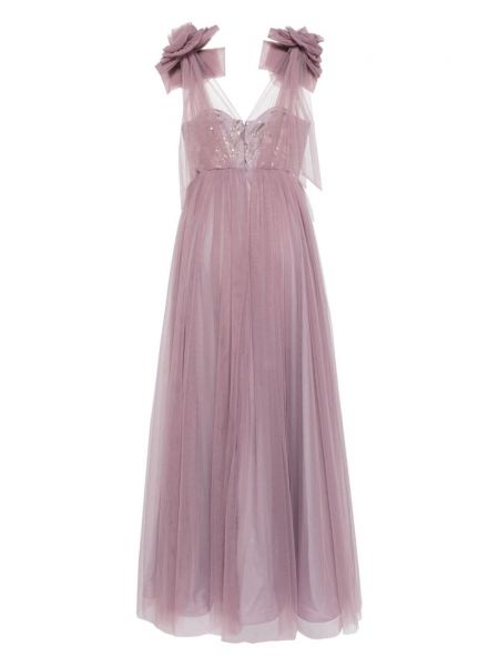 Gėlėtas vakarinė suknelė iš tiulio Badgley Mischka violetinė