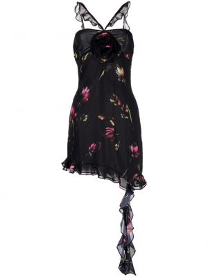 Asimetrična koktejl obleka s cvetličnim vzorcem s potiskom Rotate črna