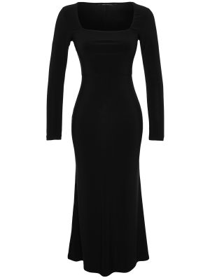 Sukienka długa dopasowana z dekoltem kwadratowym z falbankami Trendyol czarna