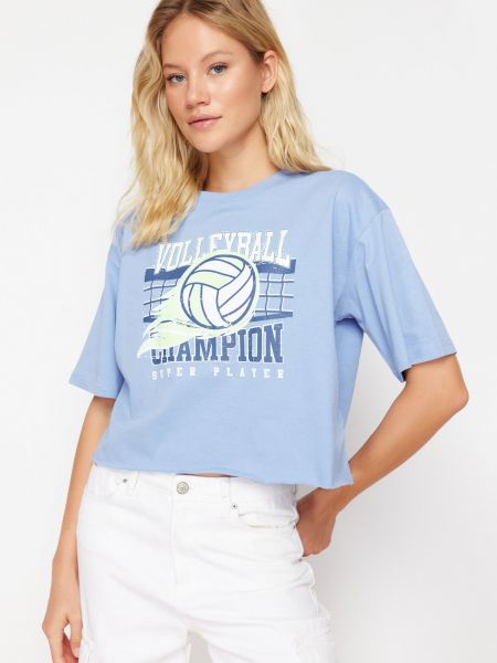 Voľné pletené tričko s potlačou Trendyol modrá