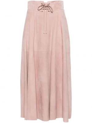 Midi suknja s vezicama od brušene kože s čipkom Ralph Lauren Collection ružičasta