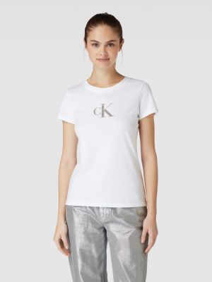 Koszulka slim fit bawełniana z cekinami Calvin Klein Jeans biała