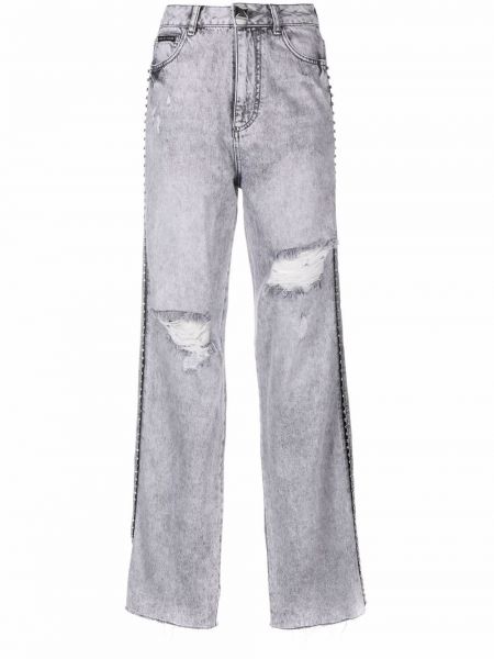 Křišťálové straight fit džíny s dírami Philipp Plein šedé