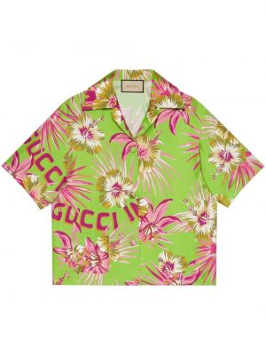 Raštuota gėlėta šilkinė marškiniai Gucci žalia