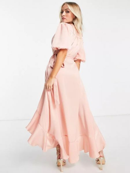 Атласное длинное платье с рюшами Flounce London розовое