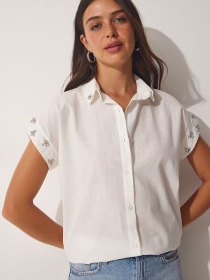 Λινό πουκάμισο με πετραδάκια Happiness İstanbul λευκό
