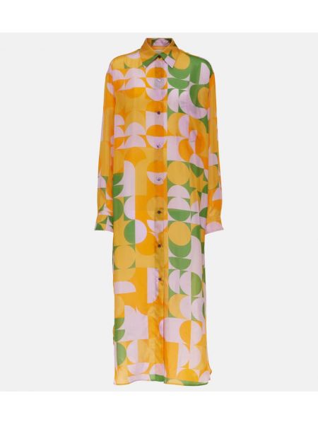Svilena midi haljina s printom Dries Van Noten narančasta