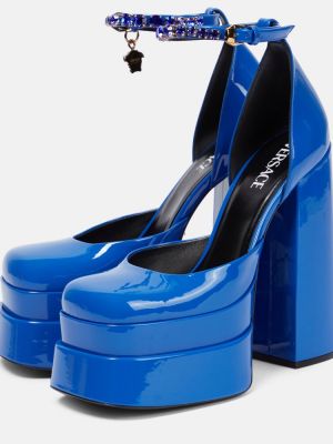 Pantofi cu toc din piele cu platformă de lac Versace albastru