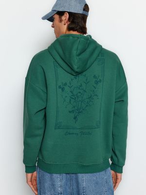Φλοράλ βαμβακερός fleece φούτερ με κουκούλα Trendyol πράσινο