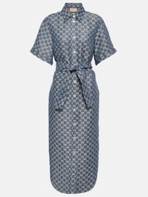 Жаккардовое льняное платье-рубашка с узором gg Gucci синий