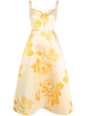 Květinové hedvábné midi šaty s výstřihem do v Emilia Wickstead - žlutá