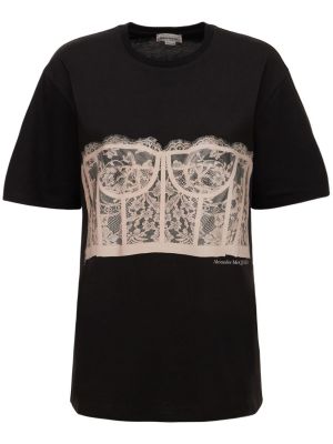 Čipkované džerzej bavlnené tričko Alexander Mcqueen čierna