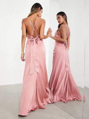 Атласное платье с разрезом с квадратным вырезом Asos розовое