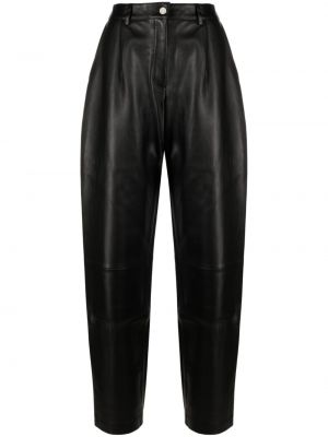 Plisované kožené rovné nohavice Mainless čierna