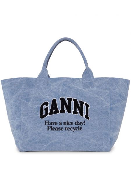 Shopper kabelka s výšivkou Ganni modrá