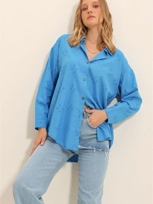 Oversized ľanová košeľa Trend Alaçatı Stili modrá