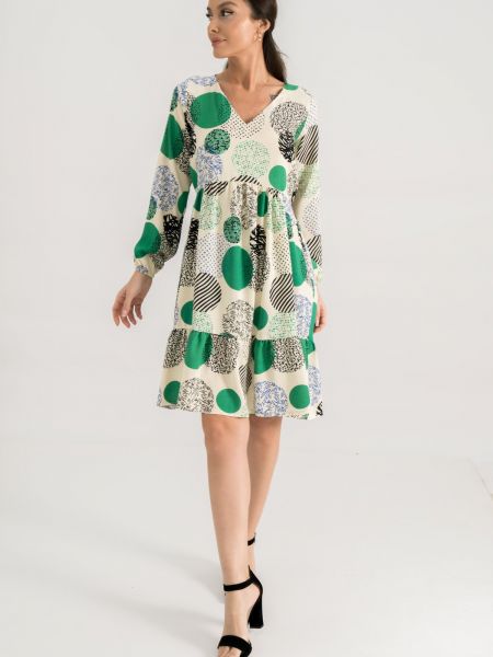 Sukienka długa z dekoltem w serek z falbankami z długim rękawem Armonika zielona