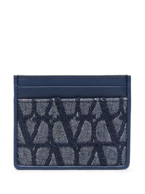 Žakárová kožená peňaženka Valentino Garavani modrá