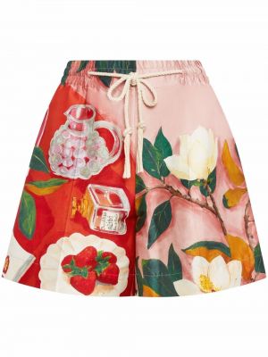 Satenaste kratke hlače s cvetličnim vzorcem s potiskom Oscar De La Renta roza