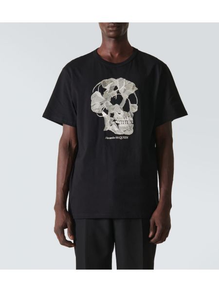 Kokvilnas t-krekls ar izšuvumiem džersija Alexander Mcqueen melns