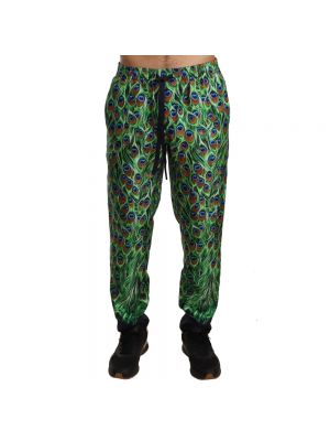 Zielone jedwabne spodnie sportowe skinny fit z nadrukiem Dolce And Gabbana