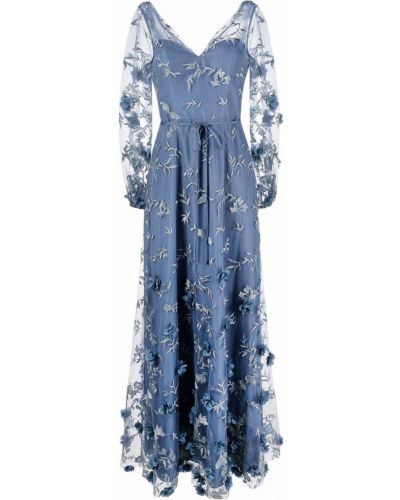 Tylové květinové večerní šaty Marchesa Notte modré
