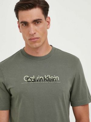 Памучна тениска с дълъг ръкав с принт Calvin Klein зелено