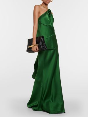 Saténové dlouhá sukně s vysokým pasem Victoria Beckham zelené