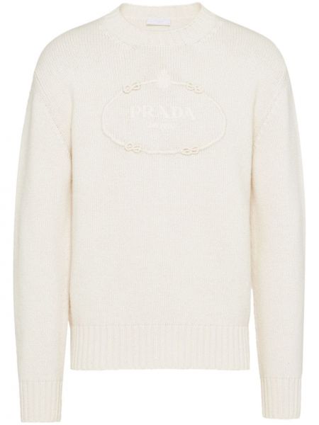 Kašmírový vlněný svetr s výšivkou Prada bílý