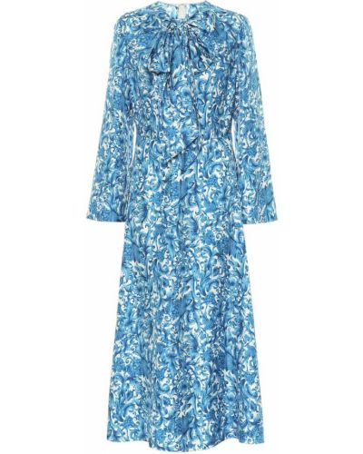 Robe mi-longue en soie à fleurs Valentino bleu