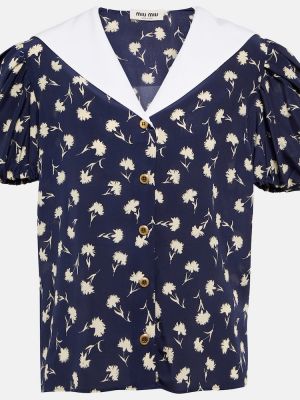 Svilena bluza s cvetličnim vzorcem Miu Miu modra