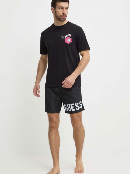 Bombažna majica s cvetličnim vzorcem Guess črna