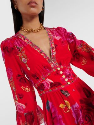 Rochie lunga de mătase cu model floral Camilla roșu