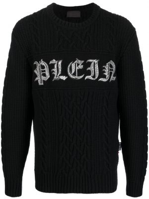 Sweter wełniany z nadrukiem Philipp Plein czarny